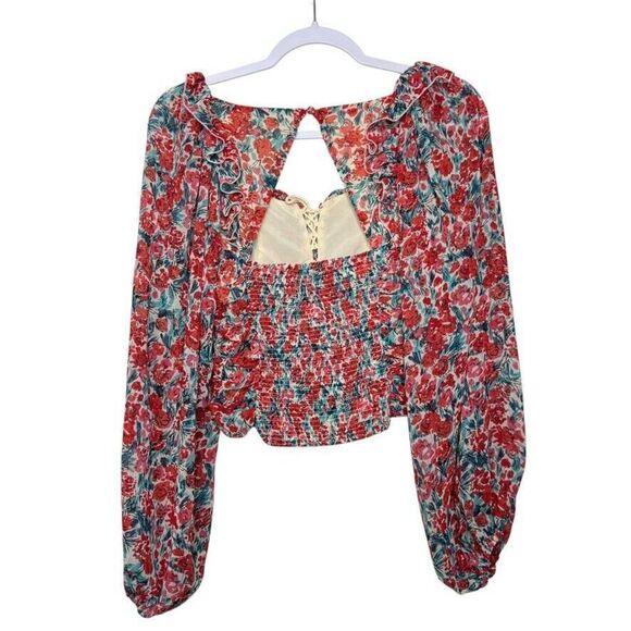 Free People Mabel Printed Rose Top Women XS Red Floral Ruched Fairy Boho - Picture 2 of 8